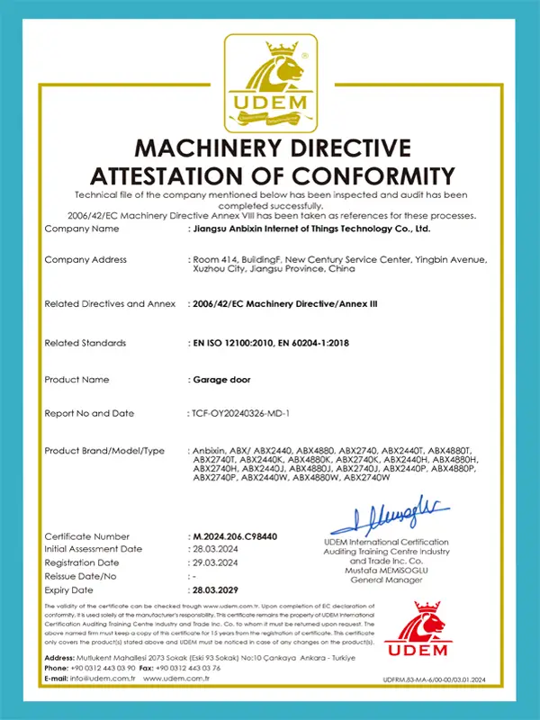 CE Certificate verifying ABX Doors compliance with EU safety standards for overhead sectional doors.