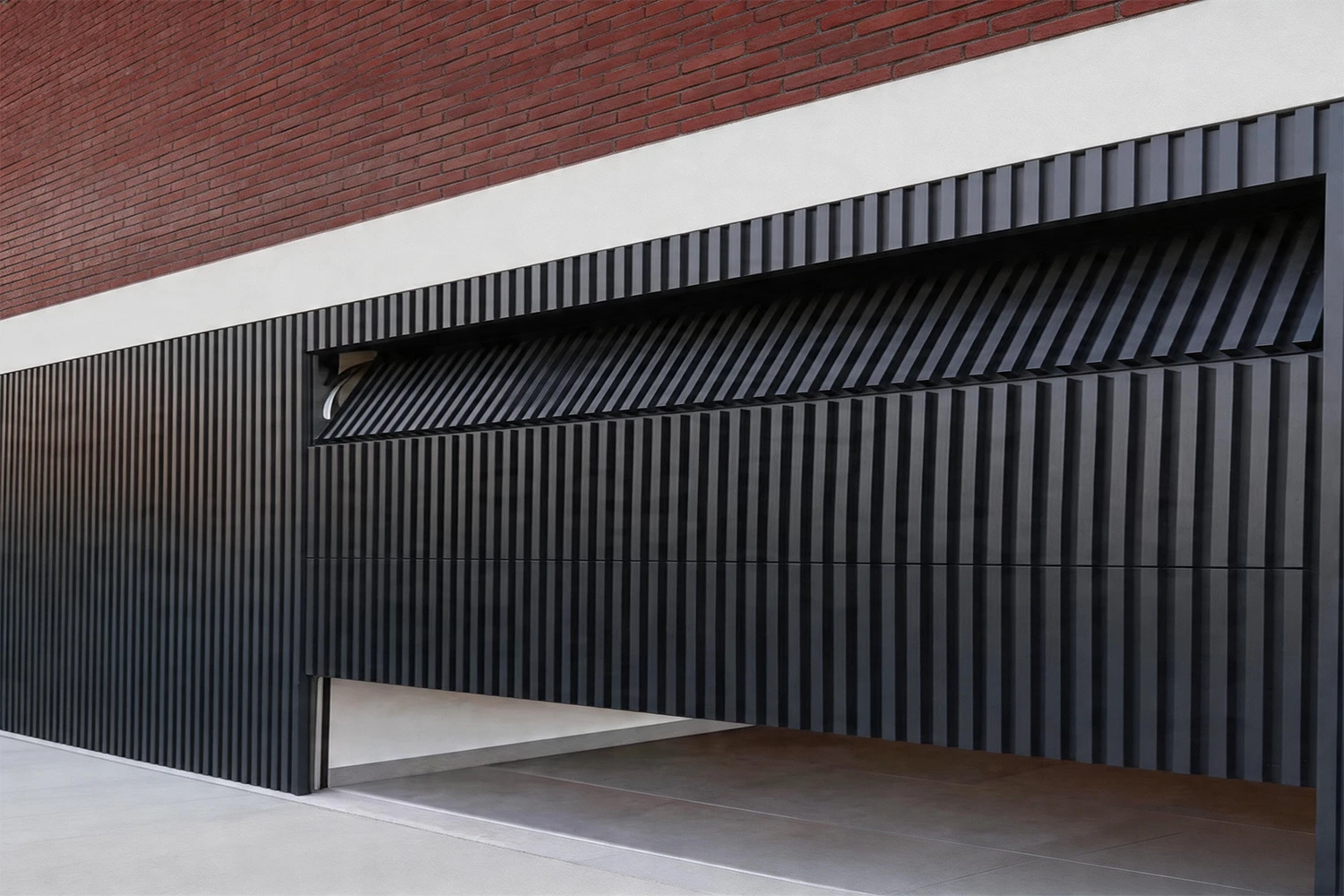 Custom architectural commercial rolling grille blending seamlessly into a modern building facade, demonstrating advanced headroom engineering. ABX OEM manufacturer provides CE/ISO certified, high-cycle security doors and custom wholesale solutions for retail and commercial projects.
