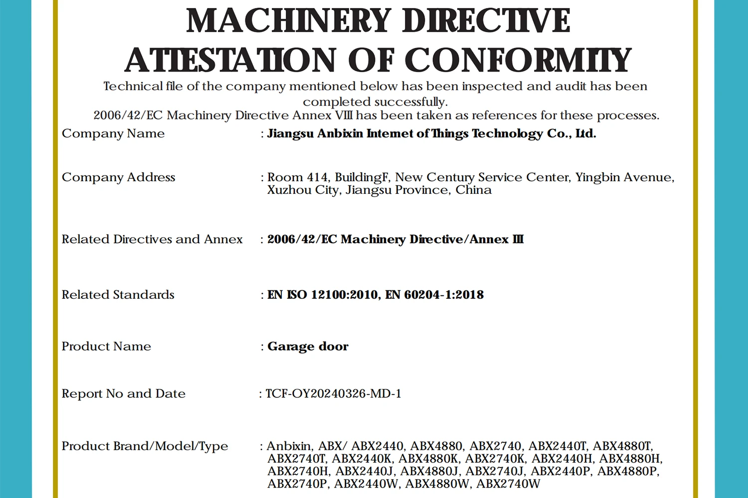 Official CE Machinery Directive Attestation of Conformity for ABX industrial garage doors, guaranteeing strict adherence to European safety standards and EHS compliance for global wholesale projects.