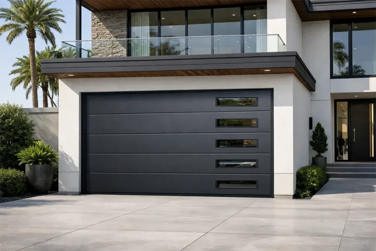 Charcoal grey modern sectional door with vertical side window apertures
