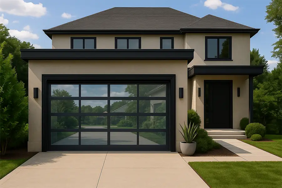 Contemporary full view glass sectional door integrated with modern architecture and driveway.
