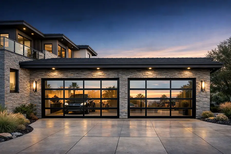 Double-bay modern glass sectional doors with black anodized aluminum frames and stone wall exterior.