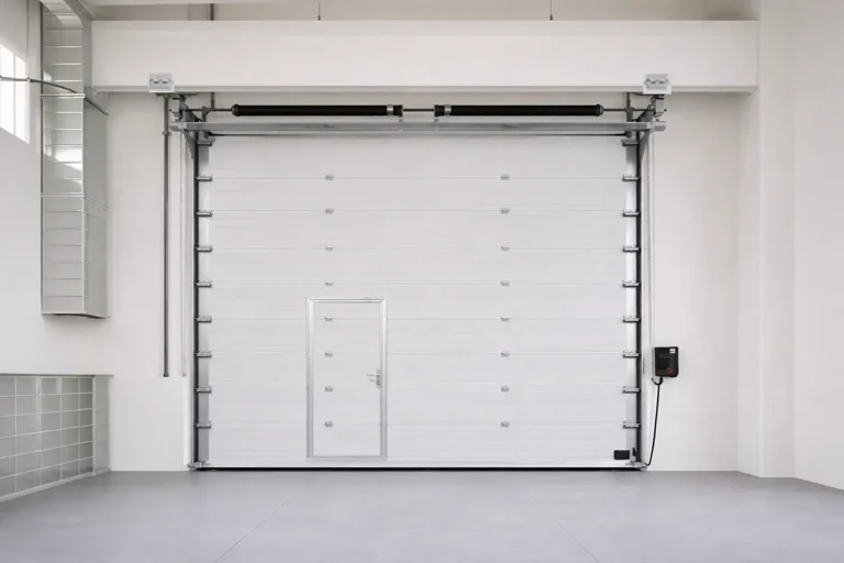 Energy-efficient modern sectional doors with a pedestrian wicket door, optimizing access and climate control inside a clean manufacturing facility