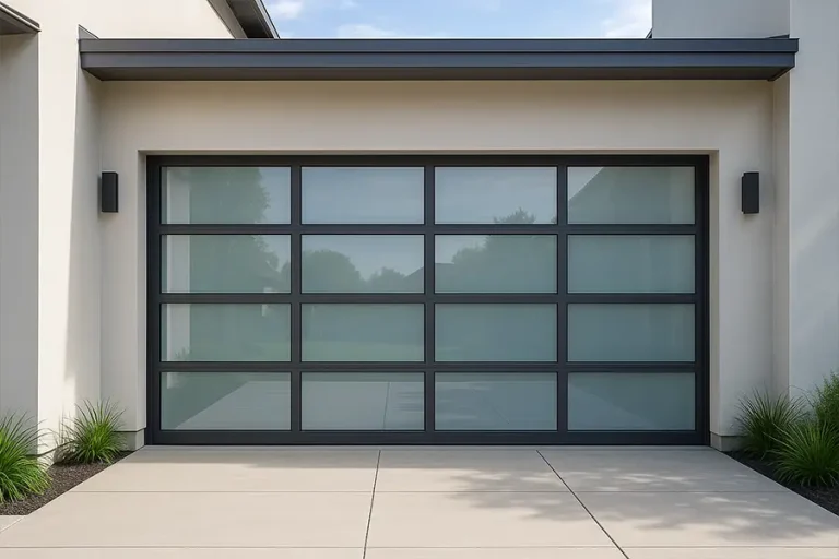 Modern frosted glass sectional door with black aluminum frame for privacy and natural light.