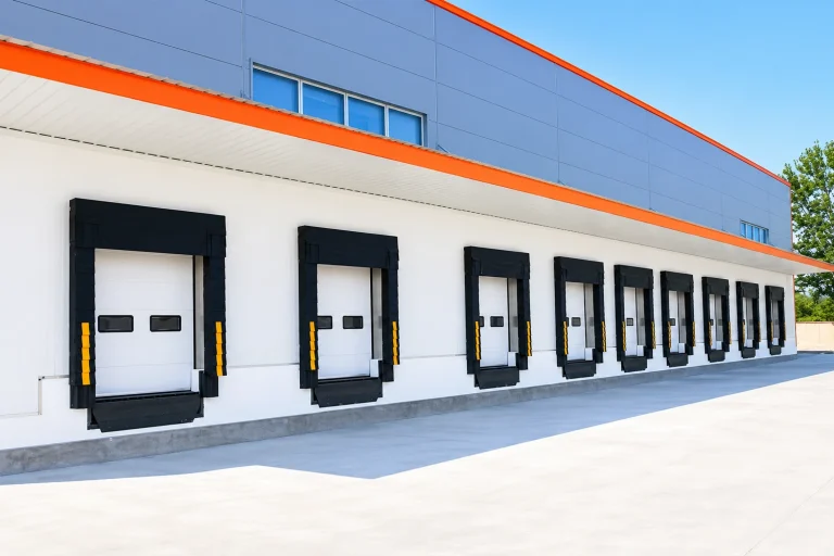 Heavy duty loading dock equipment featuring integrated insulated sectional doors, dock seals, and levelers for a modern cold storage facility.