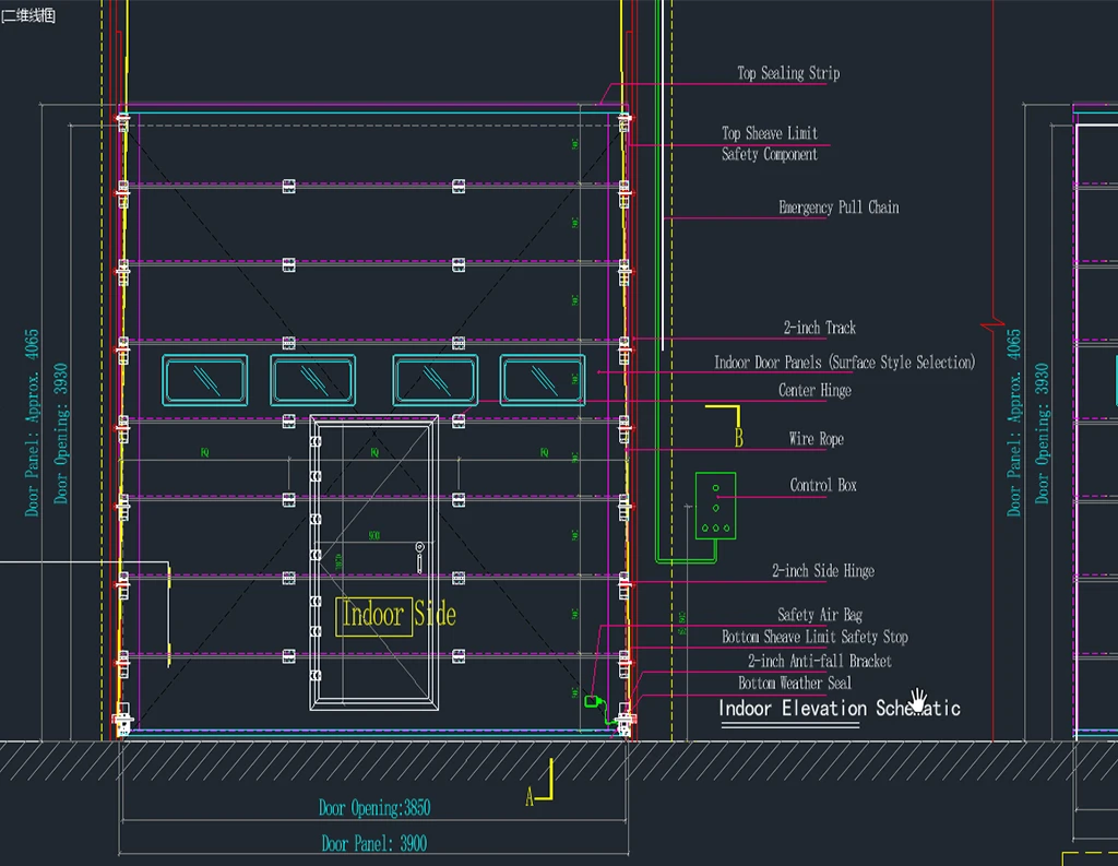 Detailed CAD drawing preview of an industrial sectional door, illustrating the indoor elevation, track system, control box, and integrated wicket door.