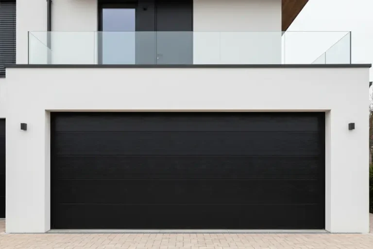 Sleek modern sectional sectional door with a flush panel design located beneath a minimalist glass balcony.