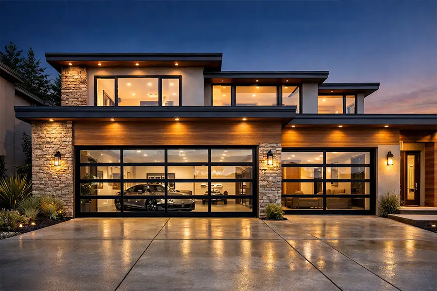 High-end residential aluminum glass sectional sectional doors with warm interior lighting and luxury car.