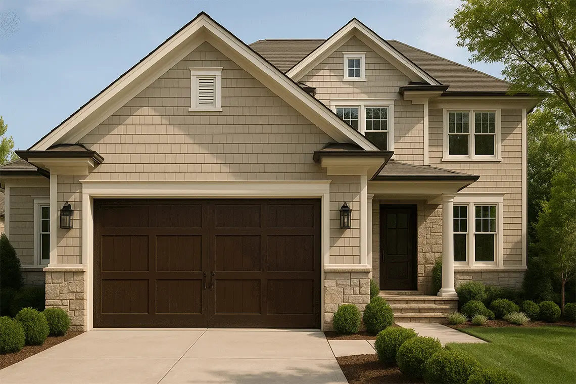 Animated display showcasing 3 styles of residential sectional doors: brown carriage house, modern black horizontal, and classic wood grain on a luxury villa.