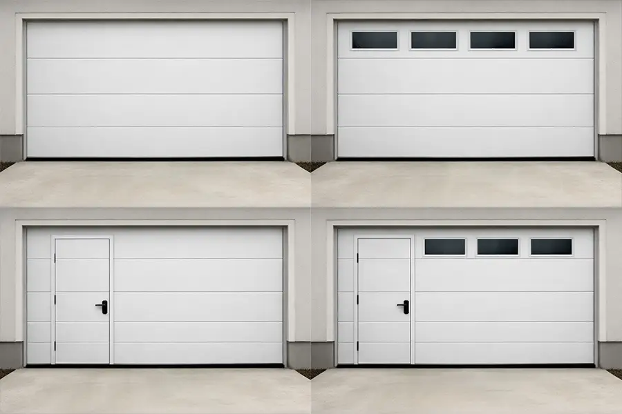 Customized sectional sectional door configurations with windows and integrated pedestrian wicket doors.