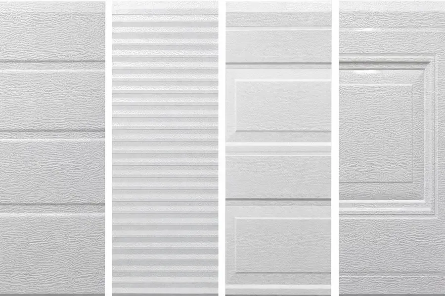 Various surface texture patterns for sectional sectional doors: woodgrain, ribbed, and flush designs.