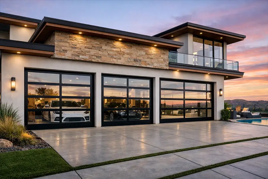 Three-car full view aluminum glass sectional doors for contemporary residential house at sunset.